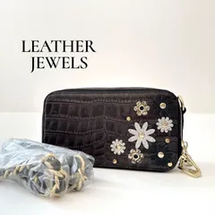 新品 LEATHER JEWELS クロコ型押し マルチポシェット チェーンショルダー 本革 牛革 フラワーモチーフ スタッズ ダークブラウン レザージュエルズ ココセリュクスゴールド