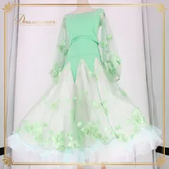 社交ダンス 衣装 スタンダード 上下セット ツーピース レッスンウェア パーティ衣装 3Dレース 黄緑 グリーン系 長袖 花柄 ラインストーン フェミニン ハーフスリーブ ボリュームスカート バルーンスカート ホースヘア 伸縮性 花模様 ラインストーン付き