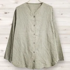 B1356 アイテムズアーバンリサーチ ITEMS URBANRESEARCH 長袖シャツ (F) カーキ 無地 綿/コットン 麻 ノーカラー