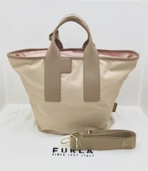 【中古 美品】フルラ Furla Piuma L トートバッグ 2WAY ショルダーバッグ ナイロン レザー ベージュ系  ピンク系 WB01249 レディース 斜め掛け 軽量 A4収納 カジュアル 旅行 ブランドバッグ
