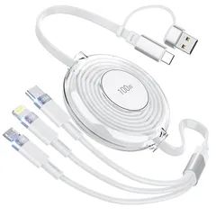 充電ケーブル 巻き取り式 [1.2M PD対応/高耐久] 100W/5A 超急速充電 ライトニング/Type C/マイクロUSBコード 3台同時充電 【100W】3in1 iPhone 16 15 14 13 12、Galaxy S25 S24 S23、iPa