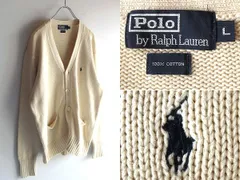 希少 90sビンテージ Polo by Ralph Lauren ラルフローレン ポロポニーロゴ刺繍 コットンニット カーディガン L エクリュ 日本製 アクティ21 国内正規品