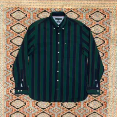 トミーヒルフィガー ダークグリーン ストライプ シャツ メンズ M