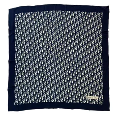 極美品 Christian Dior クリスチャン ディオール スカーフ シルク ロゴ 総柄 ネイビー