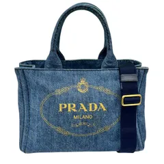 PRADA プラダ カナパ ミニ デニム 2way トートバッグ ショルダーバッグ 1BG439 ブルー ネイビー ベージュ ロゴ CANAPA DENIM ハンドバッグ ユニセックス Bランク 鑑定済 中古 プラダバッグ【1/28価格改定】