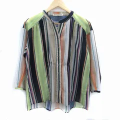 ガリャルダガランテ GALLARDAGALANTE シャツ ブラウス 長袖 スリットネック ストライプ柄 シアー F マルチカラー 緑 グリーン 紺 ネイビー /SM17