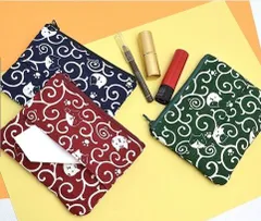 ティッシュ入れ付きファスナーポーチ ねこ唐草 赤・紺