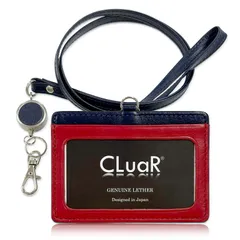 新品 (シールアル) リール付きIDカードホルダー ID カードケース 本革 革 レザー ネックストラップ フィルム取替可 横型 社員証 ケース (11.レッド×ネイビー)