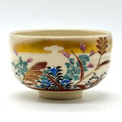 桑野睦子 御所の花 十月 萩の花茶盌 京焼 金彩色絵 抹茶碗 茶道具 茶道