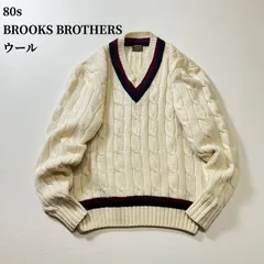 80s BROOKS BROTHERS　ウール　ケーブル　Vネック　チルデンニット　セーター　ブルックスブラザーズ　ホワイト　L 古着