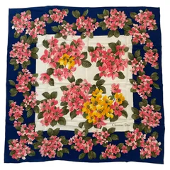 極美品 Christian Dior クリスチャン ディオール スカーフ シルク 花柄 ネイビー