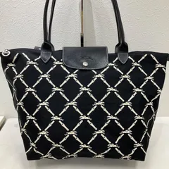 9224　LONGCHAMP　ロンシャン　 トートバッグ　肩掛け　ルプリアージュ　 ブラック系　白黒　モノトーン　ナイロン　 レザー　ホース　馬　格子　総柄　 レディース