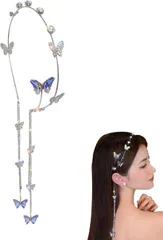 ラインストーン タッセル カチューシャ - バタフライタッセル付きヘアフープ | トレンディなフェイクイヤリング ヘアチェーン 気質 ヘアアクセサリー 結婚式 婚約 プロム用　b-269