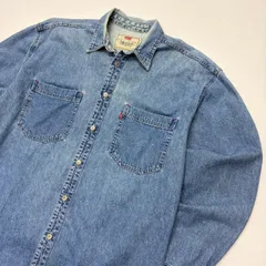 希少 90s Levi's デニムシャツ M 裾ロゴ 白タグ リーバイス RED TAB ビッグシルエット 00s ヴィンテージ 古着 ユーロ デザイナーズ ストリート アメカジ オーバーサイズ ワークシャツ アイスブルー 色落ち【2063SA】