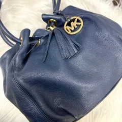 MICHEL MICHEL KORS マイケルマイケルコース 巾着レザーハンドバッグ MKロゴチャームシボ革巾着トートバック タッセル ブルー ゴールドのサムネイル
