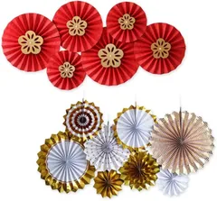 SALUDABLE ペーパーファン フラワー 飾り 装飾 和風 洋風 誕生日 縁日 お食い初め 敬老 (梅の花６個＋ゴールド８個)