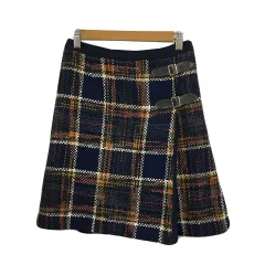 クミキョク 組曲 KUMIKYOKU GIOLICA スカート 台形 ミニ チェック ラップ風 プリーツ ツイード調 マルチカラー 切替 ウール S1 紺 黄 ネイビー イエロー