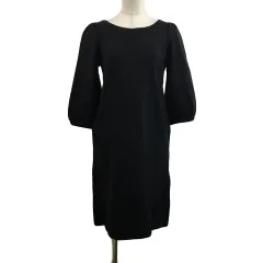 アナトリエ ANATELIER ワンピース フレア ミニ 無地 ビジュー パフスリーブ 七分袖 36 黒 白 ブラック ホワイト