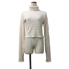 ワンアフター アナザー ナイスクラップ one after another NICE CLAUP カットソー ニット プルオーバー タートルネック リブ ボーダー 刺繍 ロゴ サムホール ショート クロップド 長袖 F ピンク 白 ホワイト