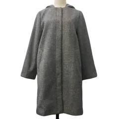 グローバルワーク GLOBAL WORK コート ノーカラー フード 2WAY ロング ジップアップ ヘリンボーン 総柄 比翼仕立て 長袖 S 茶 グレー ブラウン