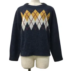 サマンサモスモス SM2 blue セーター ニット ラウンドネック アーガイル 長袖 M 紺 黄 ネイビー イエロー