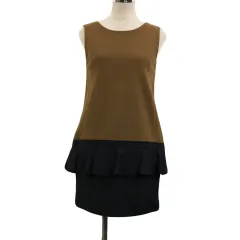 レイビームス Ray Beams ワンピース チュニック ミニ ラウンドネック フリル 切替 バイカラー ウール 無地 ノースリーブ 0 茶 グレー ブラウン