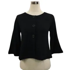 ミッシェルクラン MICHEL KLEIN カーディガン ニット ラウンドネック 無地 フレアスリーブ 七分袖 38 黒 ブラック