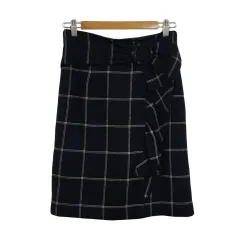 ジャスグリッティー JUSGLITTY スカート タイト ひざ丈 チェック フリル ウール 2 紺 白 ネイビー ホワイト