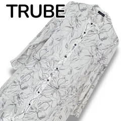 TRUBE トゥルベ ボタニカル線画 シャツワンピース Mホワイト ブラック バンドカラー アート柄 ロング丈 前開き 羽織り 2WAY 体型カバー シワにならない 旅行 軽い 清楚 上品 ミセス ファッションメッセージ  0001018OC