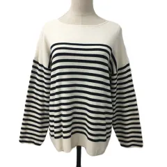 エニィファム anyFam セーター ニット プルオーバー ラウンドネック ボーダー 長袖 F 白 黒 ホワイト ブラック