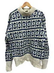 古着 デンマーク製 総柄ニット セーター ハイネック ウール サイズ表記無し ホワイト系×ブルー メンズ/045