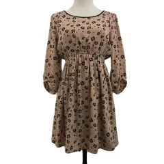 インデックス INDEX ワンピース フレア ミニ プルオーバー 花柄 総柄 七分袖 S ベージュ 黒 ブラック