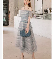 【】チュールフリル オフショルダードレス ワンピース