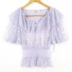 スナイデル SNIDEL チュールエンブロイダリーブラウス 半袖 F パープル 花柄 刺繍 kz14273