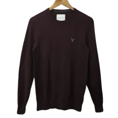 アメリカンイーグル AMERICAN EAGLE セーター ニット ラウンドネック ロゴ 刺繍 長袖 US XS ボルドー エンジ