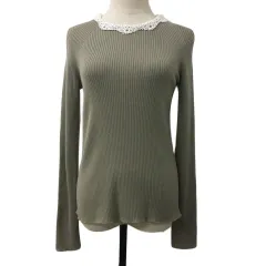 イエナ IENA セーター ニット プルオーバー ラウンドネック 付け襟 レース リブ 無地 ウール 長袖 ベージュ グレー