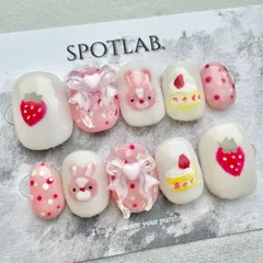 現品ネイルチップ　ベリーショート　かわいい　ピンク　リボン　いちご　ケーキ　うさぎ