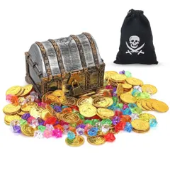 SALUDABLE 宝箱セット 宝石 金貨 鍵付き 海賊 財宝 コイン ジュエリーボックス 収納袋付 (Aセット)