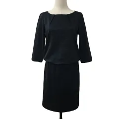 ナチュラルビューティー NATURAL BEAUTY ワンピース Iライン 膝丈 無地 リネン混 ドッキング 七分袖 38 紺 ネイビー