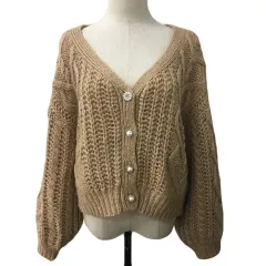 マジェスティックレゴン MAJESTIC LEGON カーディガン ニット Vネック ビジュー ケーブル編み 長袖 M ベージュ