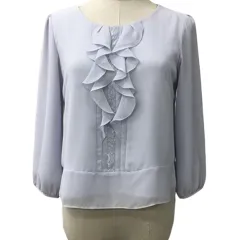 リフレクト Reflect ブラウス カットソー プルオーバー ラウンドネック シフォン レース フリル 無地 長袖 7 グレー ライトグレー