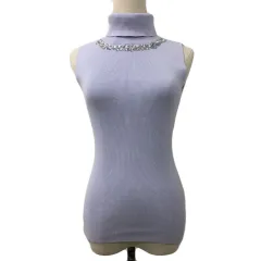 レディ Rady カットソー ニット プルオーバー タートルネック リブ 無地 ビジュー ノースリーブ F 紫 ラベンダー パープル