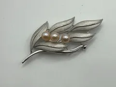 SILVER 刻印 シルバー パール ブローチ リーフ型 6㎜