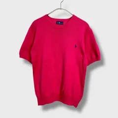 ☆80s☆RalphLauren☆ショッキングピンク☆半袖コットンニットトップス☆ワンポイント刺繍☆M☆B26M