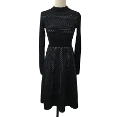 アンドクチュール And Couture ワンピース ニット フレア 膝丈 リブ 総柄 長袖 38 黒 白 ブラック ホワイト