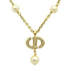 Christian Dior クリスチャンディオール CDロゴ ラインストーン フェイクパール GP ネックレス ゴールド T2602-k054