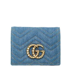グッチ GGマーモント 二つ折り財布 コンパクトウォレット 466492 ブルー デニム フェイクパール レディース GUCCI【1-0249592】