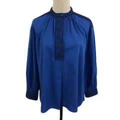 スタディオクリップ Studio Clip ブラウス カットソー プルオーバー バンドカラー 刺繍 リネン混 長袖 F 青 紺 ブルー ネイビー