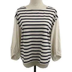 スタディオクリップ Studio Clip カットソー ボートネック プルオーバー ボーダー リネン混 七分袖 M ベージュ 黒 ブラック