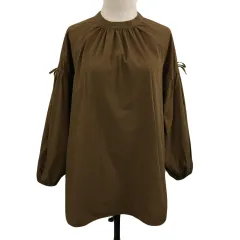 ニコアンド Niko and.. ブラウス カットソー プルオーバー バンドカラー 無地 リボン 長袖 M 茶 ブラウン